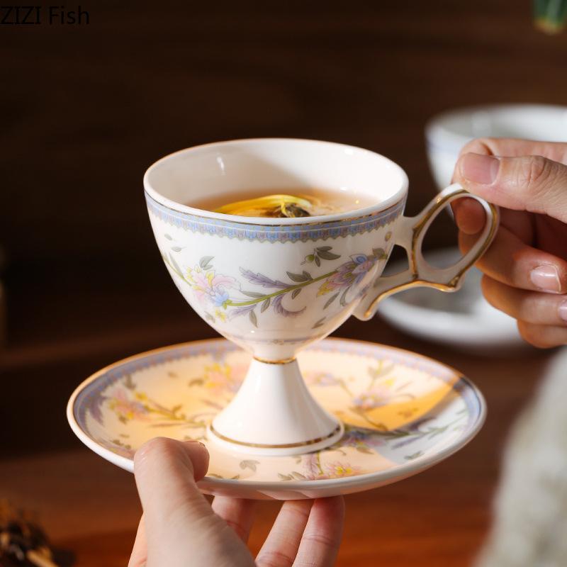 Gold-plated Flower Ceramic Cup&saucer Goblet Mugs Dining Table Coffee Mug Milk Cups Afternoon Tea Teacup Fruit Juice Container