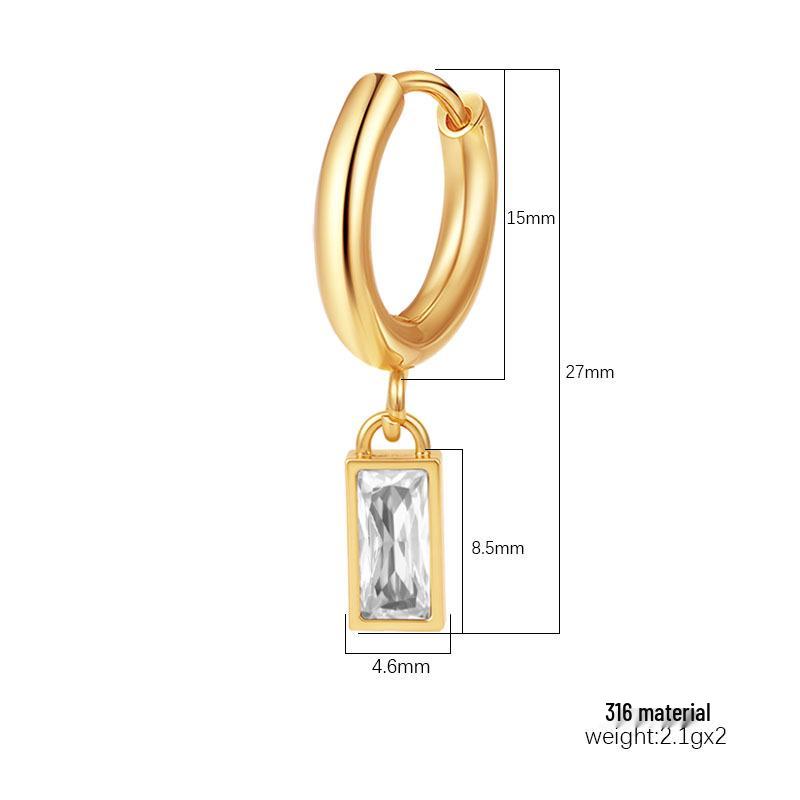 18K Plated Zirconium Rectangle Pendant Stainless Steel Earrings for Women