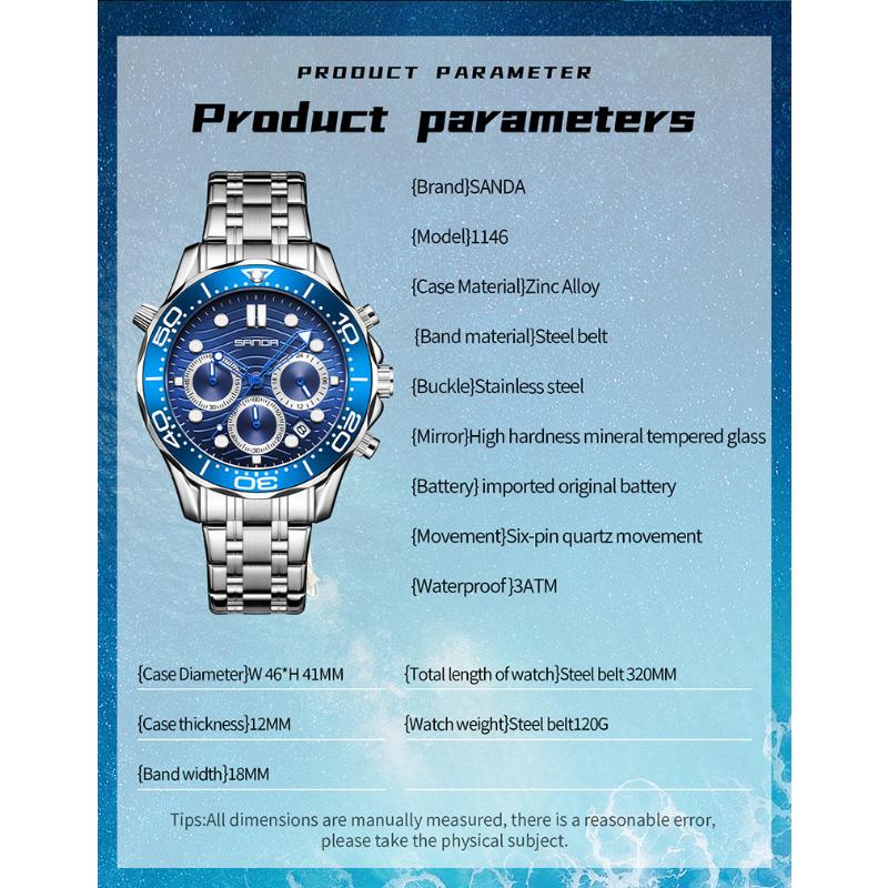 SANDA Brand Men's Quartz Watch Multi Functional Timing Waterproof Calendar Night Light Men's Stainless Steel Watch