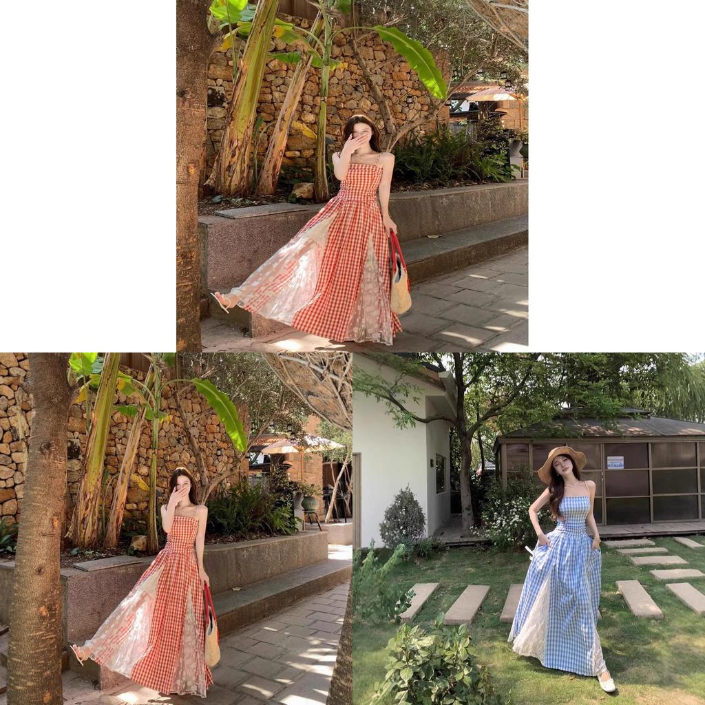 Polyester Lace Beach Dress With Spliced Design For Summer Vacation And Sunset Walks
