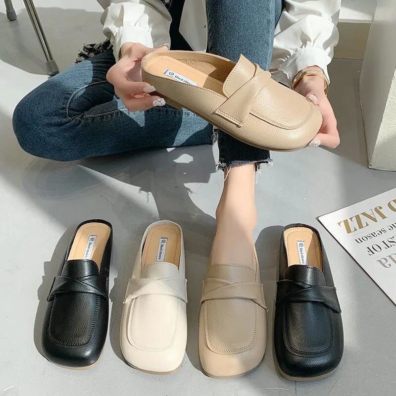 Slippers Women's Outer Wear 2025 Summer New Casual Women's Shoes Bag Head Half Slippers Flat Bottom Square Head Sandals Muller Hugh Shoes