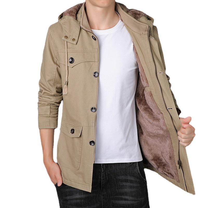 Men's Mid-Length Fleece-Lined Windbreaker: Warm Thick Cotton-Padded Hooded Jacket for Autumn & Winter