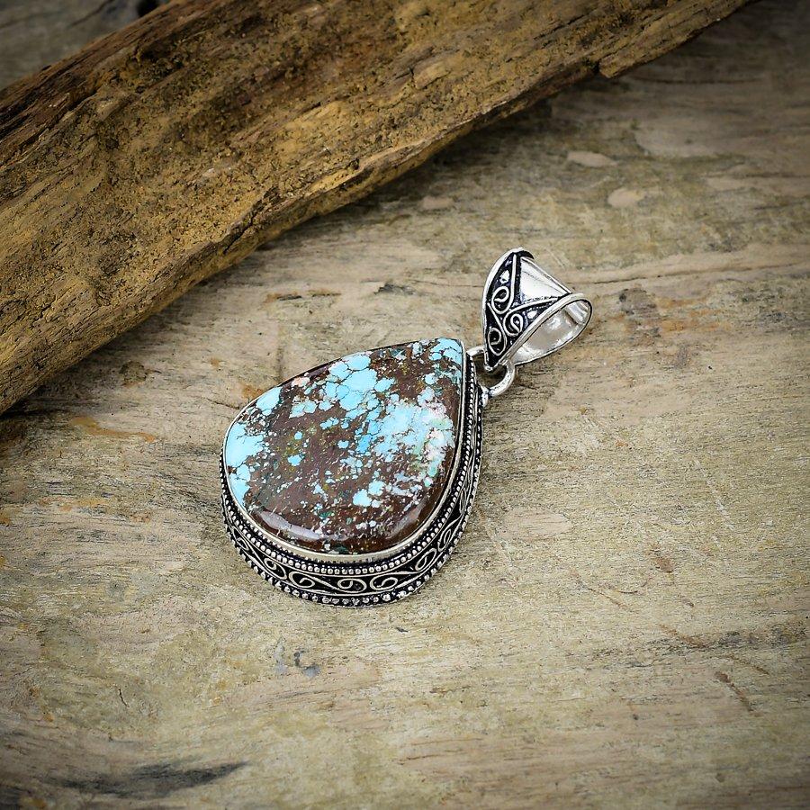 Tibetan Turquoise Gemstone 925 Sterling Silver Jewelry Pendant 2.05" M-38