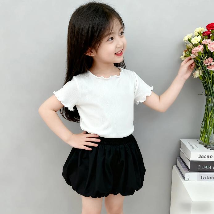 HD Korean Style Girls' Summer Striped Ruffle Trim Toddler Top - Sweet Candy Color Short Sleeve T-Shirt