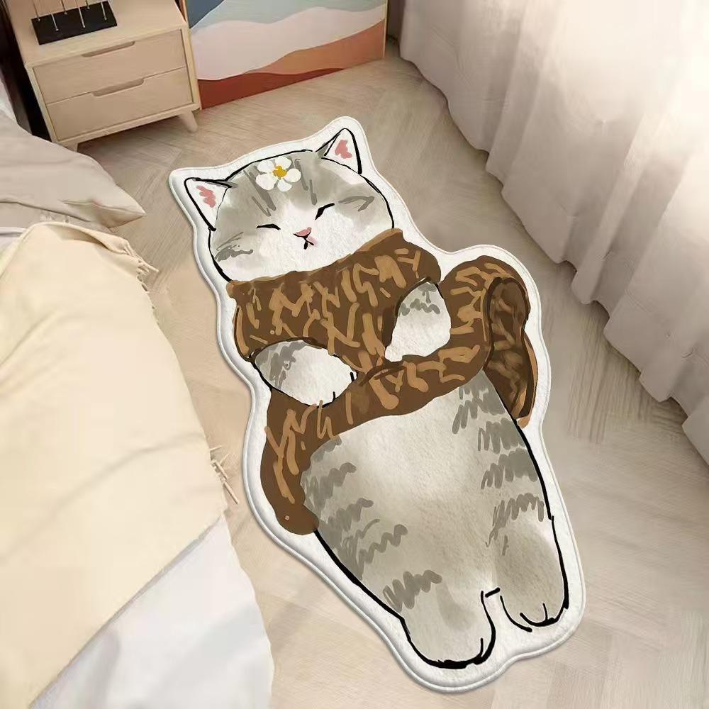 2pcs Cartoon Cute Cat Imitation Cashmere Bedroom Carpet Special-shaped Bedside Carpet Floor Mat