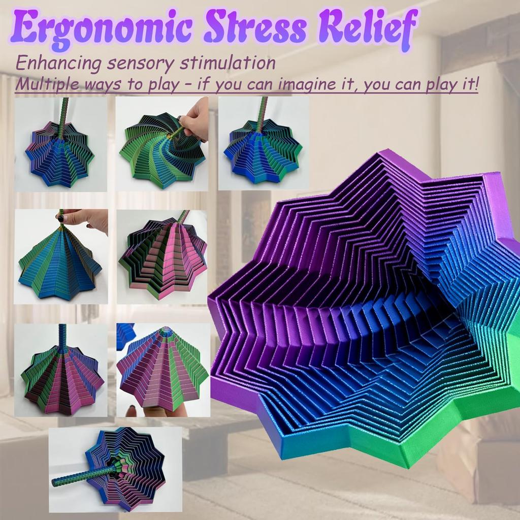 Odaklanma ve Rahatlama İçin 3D Baskılı Genişletilebilir Duyusal Fidget Yıldızı, Renkli Dönen Spiral Tasarım, Stres Giderici Masa Oyuncak