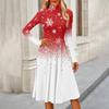 Women's Casual Fashion High Neck Long Sleeve Print Midi Dress