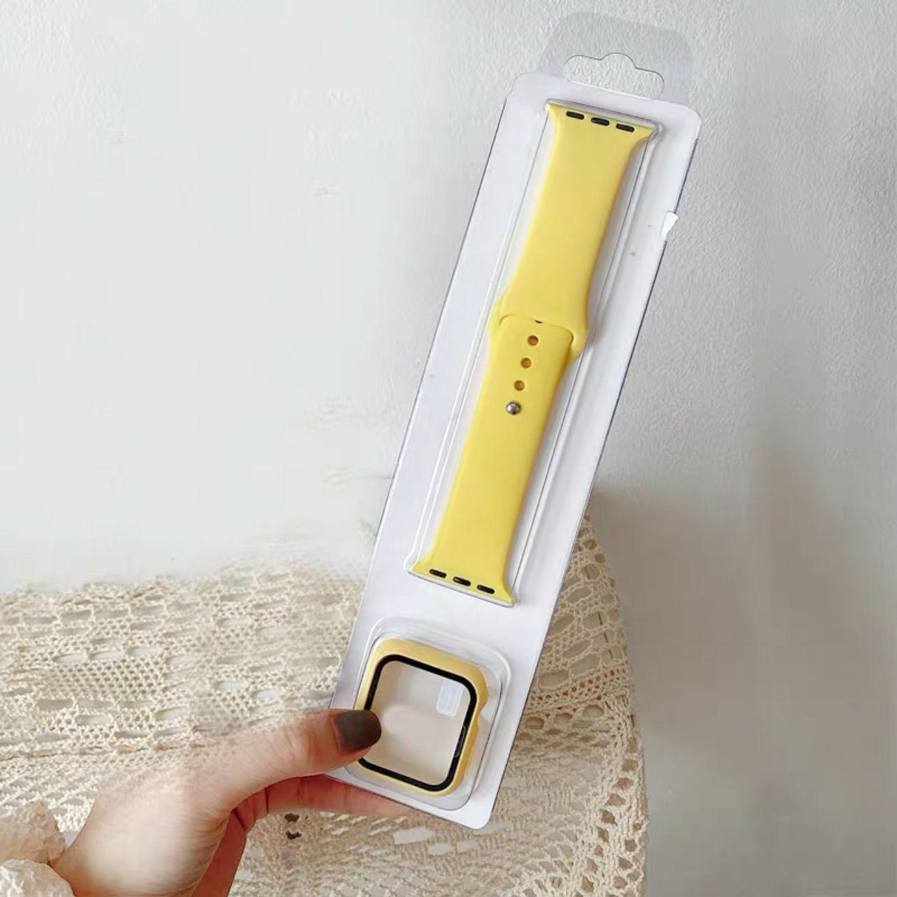 

Стекло + чехол + ремешок 3 в 1, защитный корпус для Apple Watch, силиконовый защитный чехол iWath, чехол для ремешка для часов 2 в 1 для iWatch 2, 3, 4, 5, 6 iWatch 45mm жёлтый