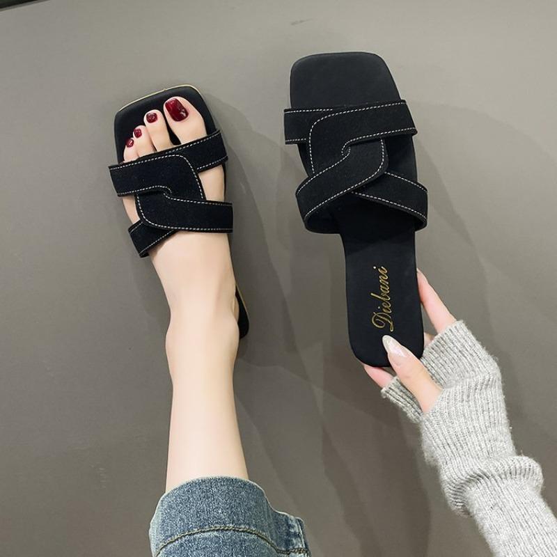 Women Flats Slippers Women Summer Trend Comfortable Square Open Toe Sandals Ldies Lightweight Non Slip Beach Slides Flip Flops