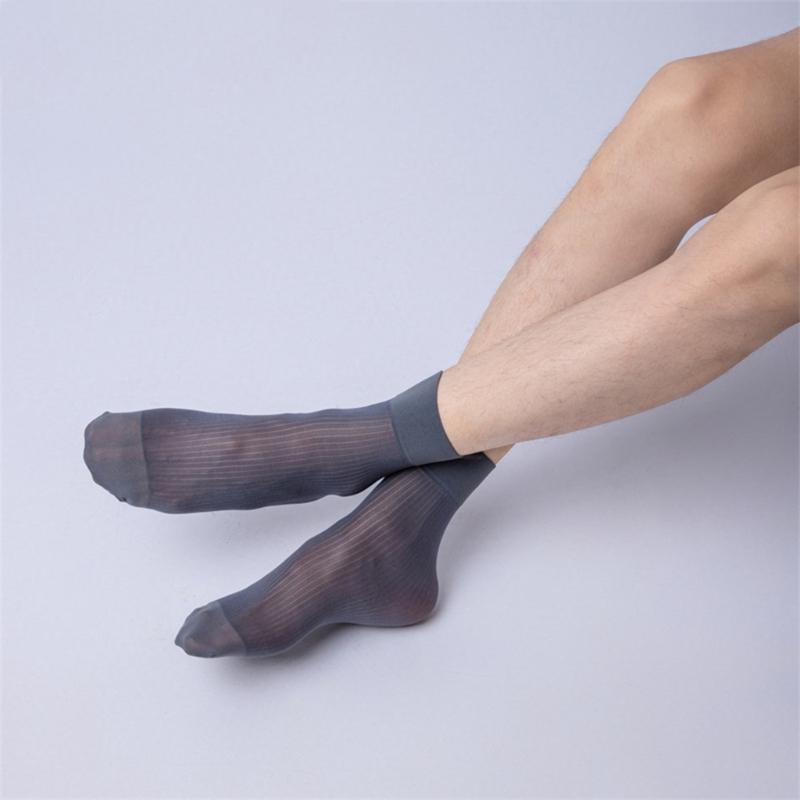Herren Gestreifte Durchsichtige Business-Kniestrümpfe Bequem Atmungsaktiv Elastisch Formell Anzug Kurze Röhre Nylon Knöchelstrümpfe Strumpfwaren