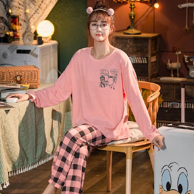 2 STÜCKE/Set Damen Pyjamas Lila Kariert Kann Draußen Getragen Werden Homewear Mädchen Baumwolle Langärmlig Nachtwäsche Lässig Atmungsaktiv