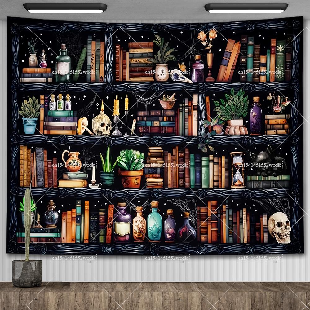 Black Cat Library Tapestry Wall Hanging Occult Witchy Altar Cloth Tarot Tapestrys Aesthetic Bedroom Decor Printed Tapestries