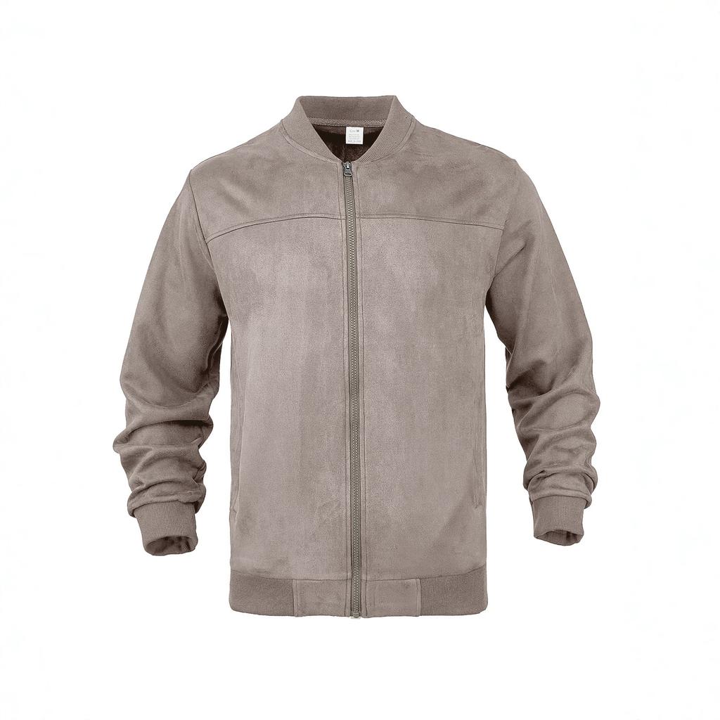 Men Faux Suede Bomber Jacket Stand Collar Full Zip Up Long Sleeve Solid Color Casual Outerwear Fall Daily Streetwear Coat