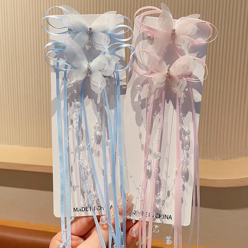2Pcs Butterfly Tassel Baby Girl Hair Clips Sweet Long Ribbon Pearl Duck Tongue Clips Princess Sided Clips Kids Hair Accessories