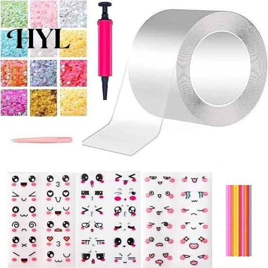 Funny Nano Bubble Tape 1 Set 300CM Toy with Straw Charm Sticker Inflator High Elasticity Tweezer Adhesive Stress Relief DIY Craft Making Kit Children