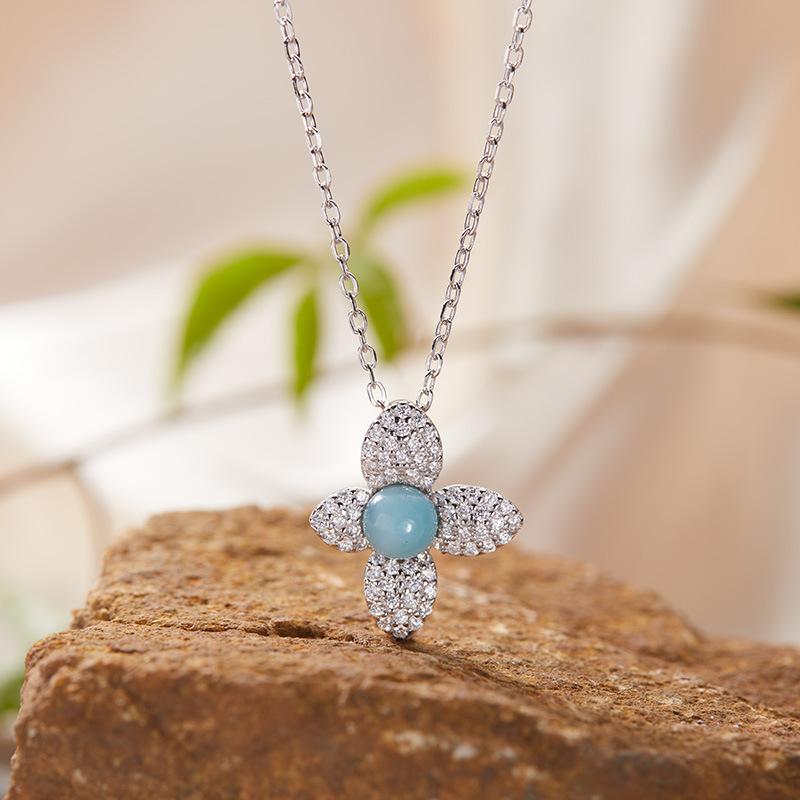 S925 Sterling Silver Natural Colored Treasure Necklace Flower Pendant Women'S Japan And Korea Small Fresh Set Simple And Sweet Collarbone Chain
