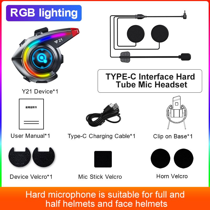 Motorcycle Bluetooth Helmet Headset Y21 Waterproof Moto Headphone with RGB Lighting Noise Reduction Wireless Motobike Earphone