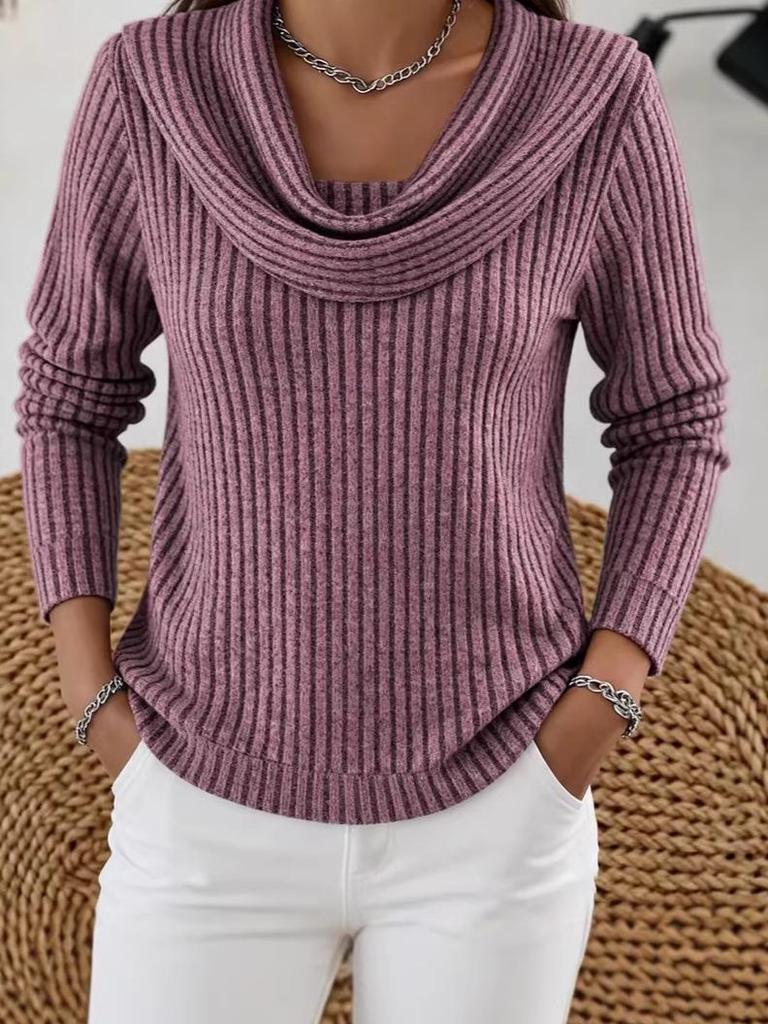 Women's Cross-Border Knit Ribbed Sweater, Long Sleeve, Loose Fit Top for Spring & Autumn