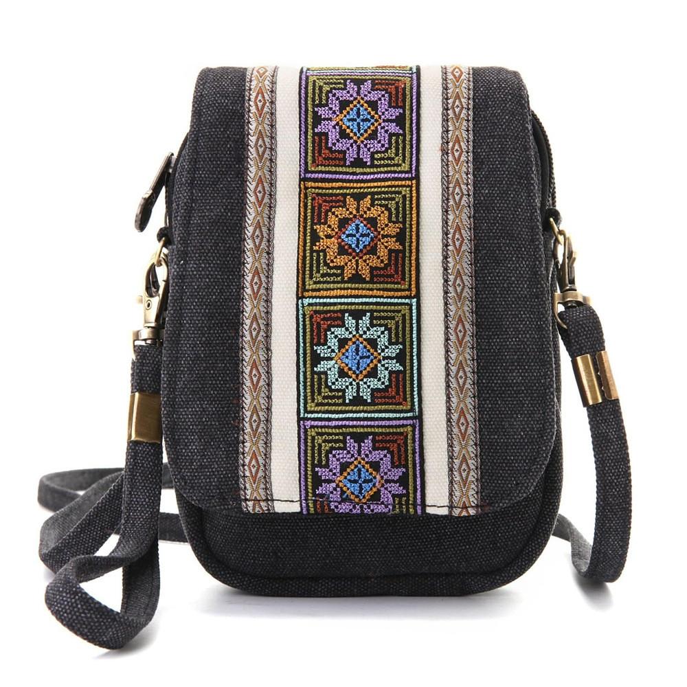 Ethnic Embroidered Canvas Phone Bag With Multiple Pockets For Daily Use