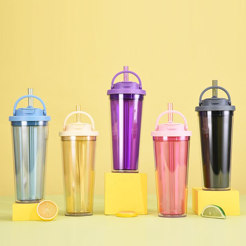 Double-Layer Colored Plastic Straw Cup, Large Hole Suction Bubble Tea Cup, One Cover, Double Drink, Portable Handle Water Cup