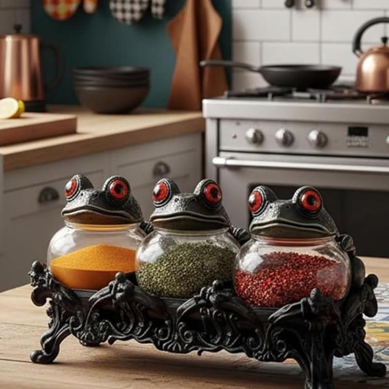 Frog Shaped 3pcs Spice Jars Set with Decorative Rack Seasoning Containers for Kitchen Spice Storage Organizer Spices Countertop