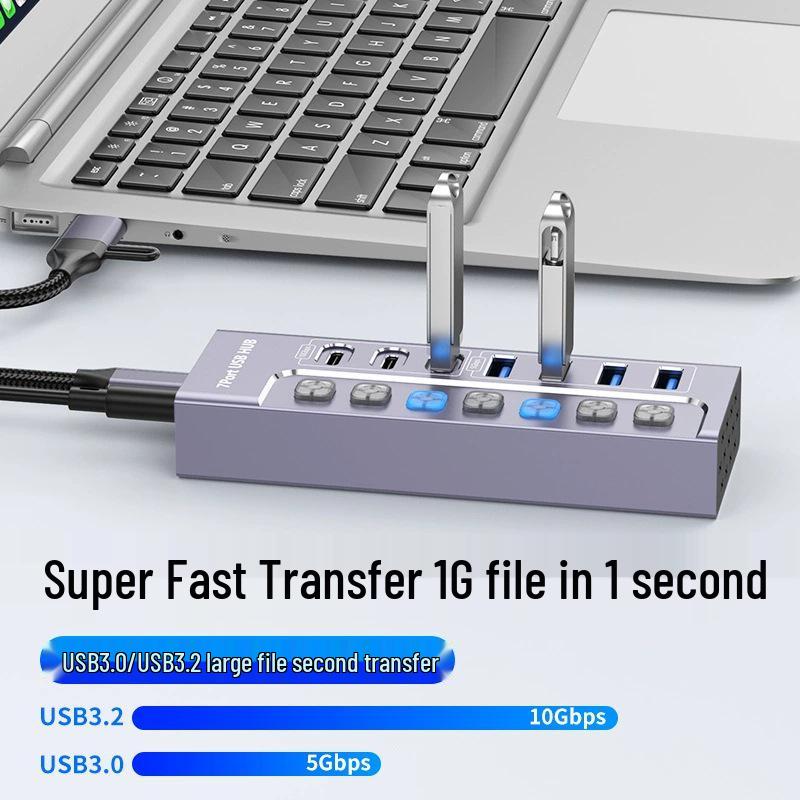 USB 3.0 7-Port Hub Splitter 10Gbps Docking Station with Independent Switches