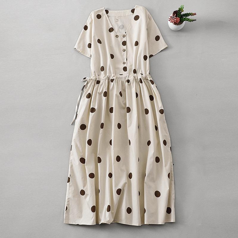 

Retro Polka Dot Cotton Linen V-Neck Dress for Women Medium