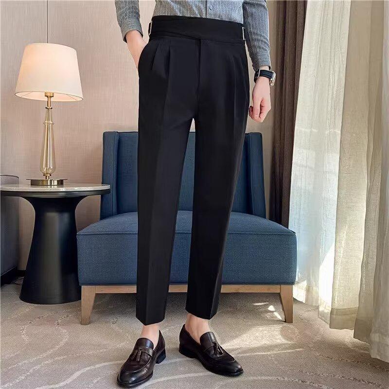 Men's Retro High-Waist Slim-Fit Trousers: Korean-Style, Solid Color, Straight-Leg, Autumn Casual Pants.