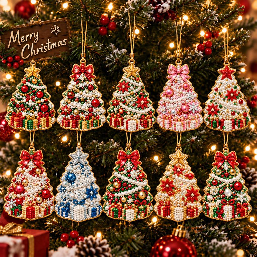 Ornamenti di Natale in Legno, Kit per Pittura con Perle Fai da Te per Adulti, Kit per Diamond Painting di Natale per Adulti, 10 Disegni in Legno con Corda di Canapa