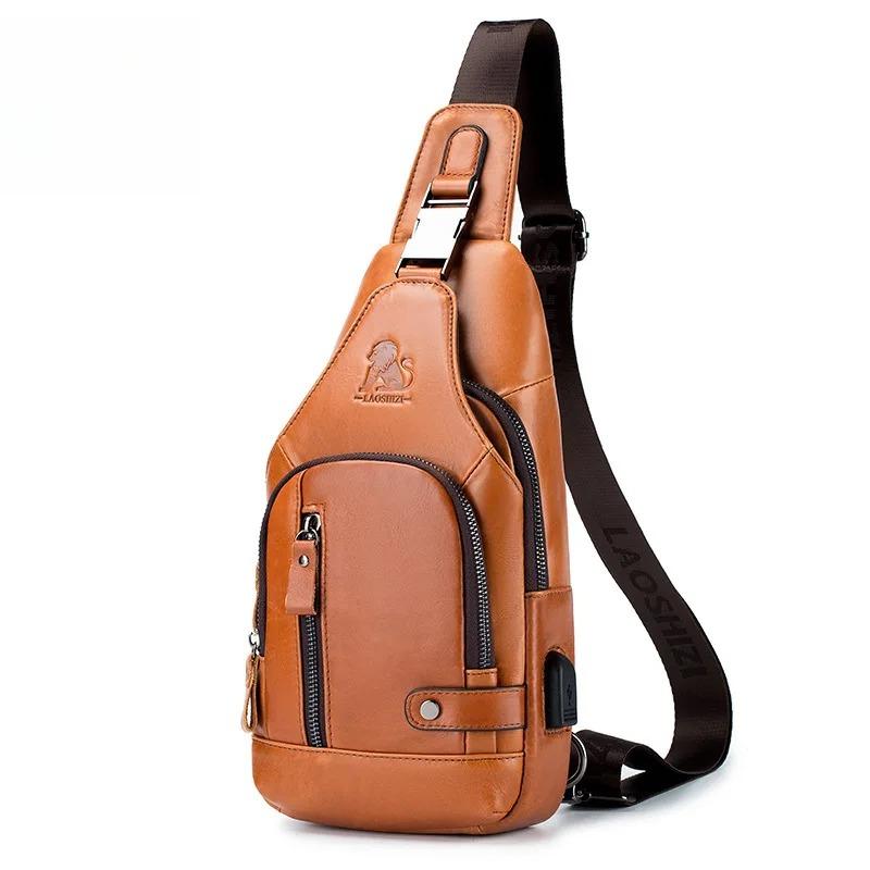 New 100% Genuine Leather Chest Bag Men's Fashion Style Casual Crossbody Bags With USB Large Capacity Men's Shoulder Bag