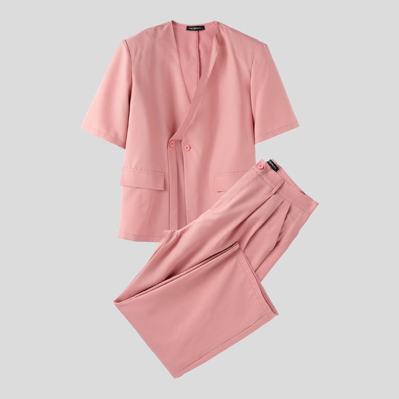 

INCERUN Two Pieces Outfits Men V Neck Short Sleeve Shirt Long Straight Pants Oversized Sets 3XL