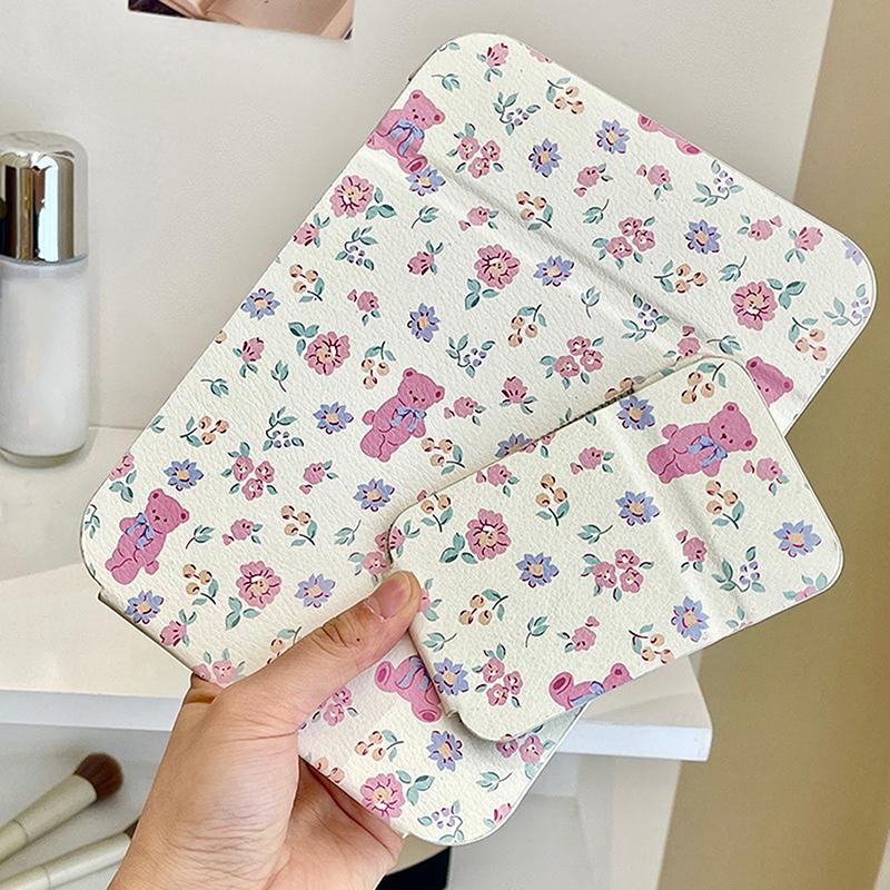 Folding Makeup Mirror High-Quality Portable Desktop Makeup Mirror Single-Side Creative Women Floral Bear Standing Makeup Mirror