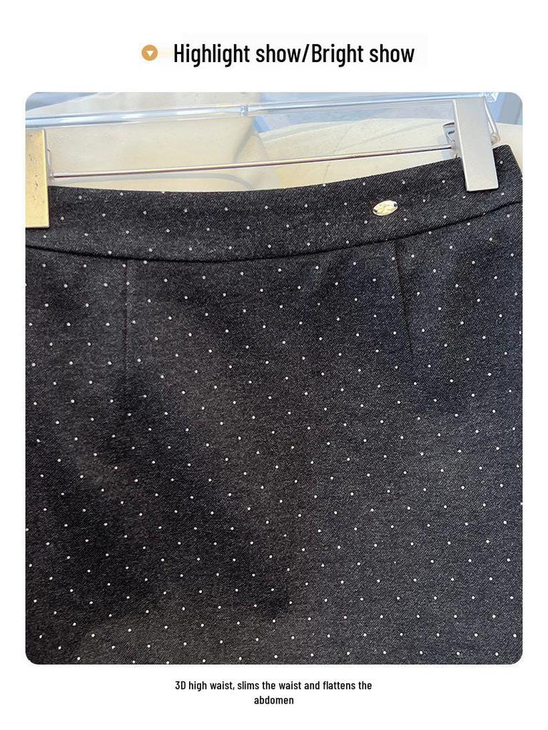Women's Gray Polka Dot Wool A-Line Hip-Hugging Midi Skirt - Autumn/Winter 2025 Collection