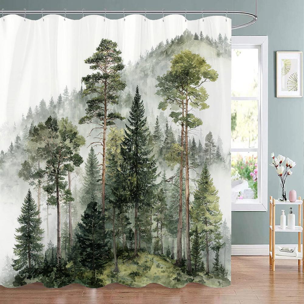 Misty Forest Scenery Shower Curtain, Bathtub Bathroom Decorative Shower Curtain, Waterproof Shower Curtain With Hooks