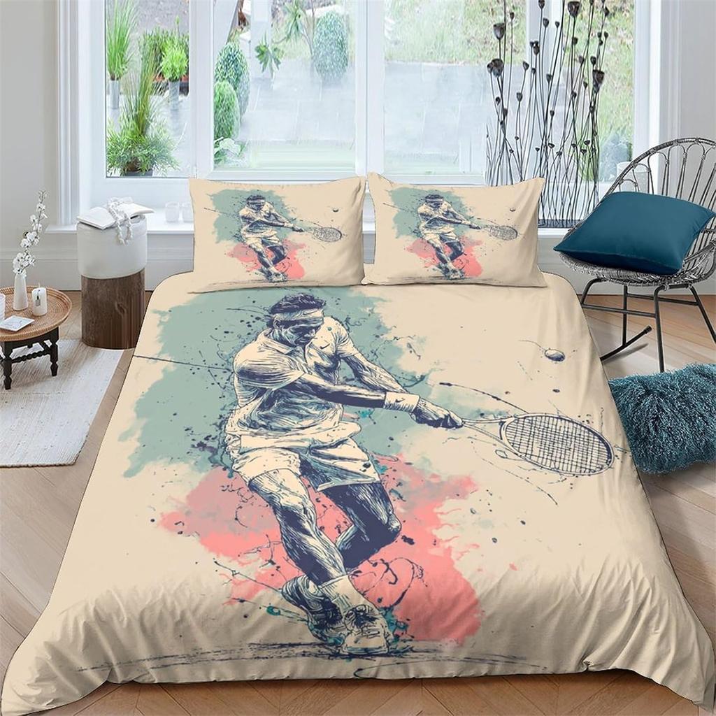 Tennis Player Duvet Cover Set,Ball Sports Games Themed Bedding Set,Sporting Equipment Quilt Cover For Kids Boys Teens Room Decor