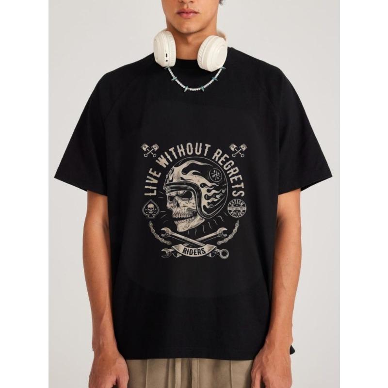 

White T-Shirt with Skull Helmet and Crossed Wrenches Graphic Live Without Regrets Riders Text for Motorcycle Enthusiasts XXXXL чёрный