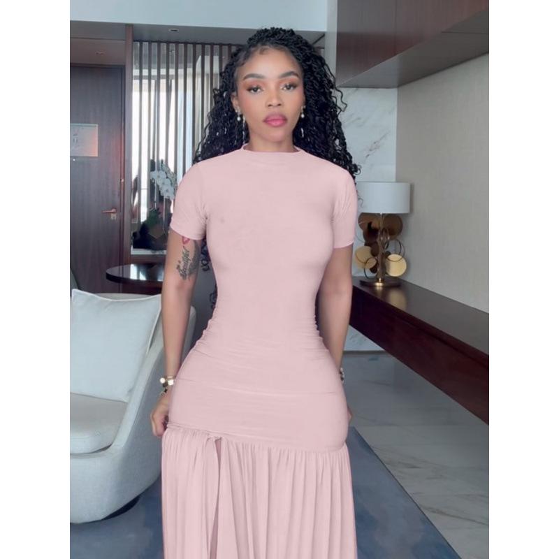 2026 European Women's Slim Fit Patchwork Dress - Fashionable Summer Round Neck with Slit