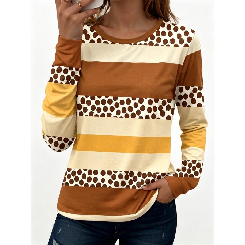 Women's Polka Dot Color Block Print Crew Neck T-Shirt, Casual Tops for Spring Summer Daily Streetwear