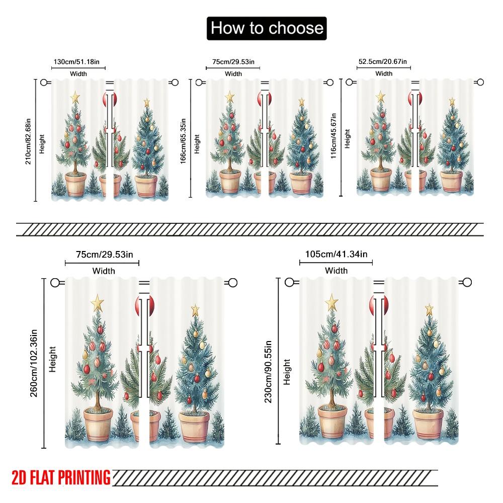 2pcs,2D Plane Printing Window Curtain Christmas Tree Ornament Watercolor (2) Polyester Easy Install (without Rod) Festive Ldeal
