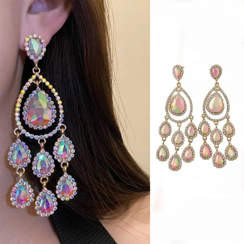 Exaggerated Design Dangle Earrings Colored Crystal Tassel Earrings  Women's Jewelry