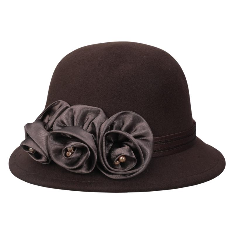 Vintage Silky Flower Hat Winter Warm Dome Hat Women Wool Cloche Hat Headwear
