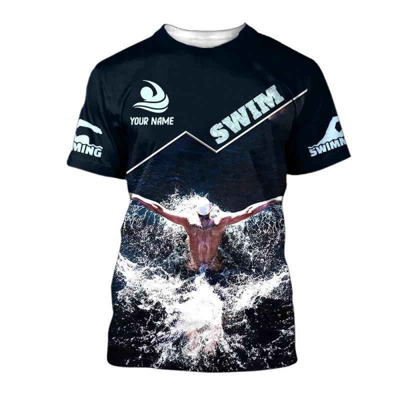 Custom Name Swimming Graphic Tee Shirt For Men 3D Print Short Sleeve Crew Neck Tshirts Clothes Gift For Swimming Lovers