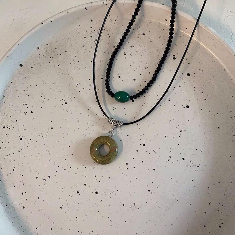 Vintage Handmade Double Layer Necklace with Natural Stone Circle Pendant - Retro Ethnic Style for Women