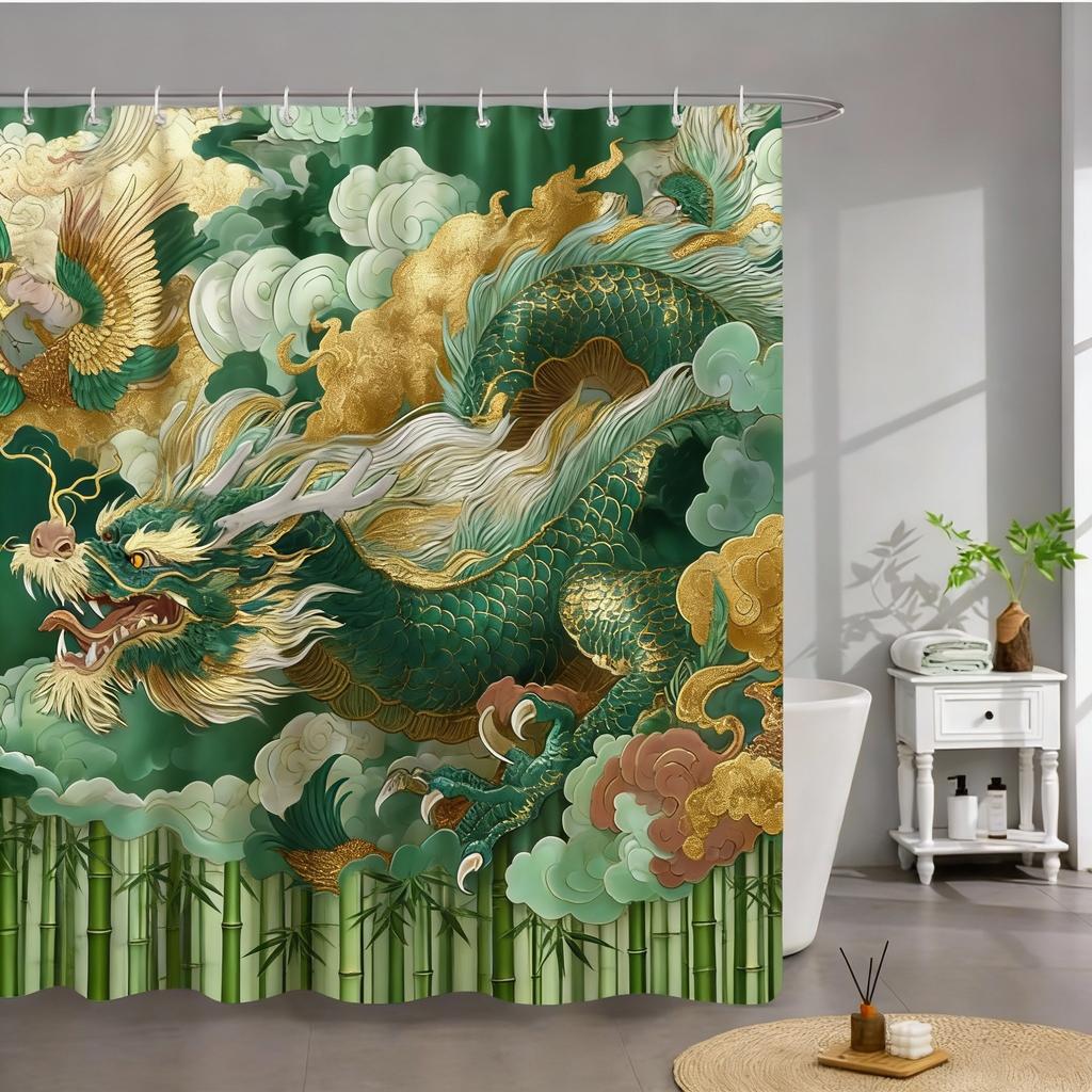 Dragon & Phoenix Print Waterproof Shower Curtain for Bathroom, Traditional Oriental Design High-End Toilet Partition Curtain