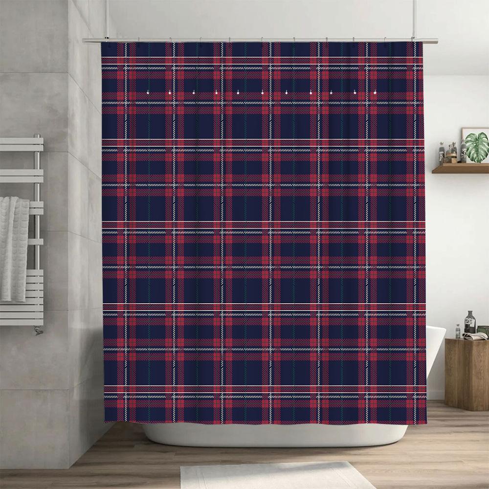 Modern Plaid Shower Curtain Waterproof Bathroom Decor with Hooks Green Blue Black Stripes (180x275cm)