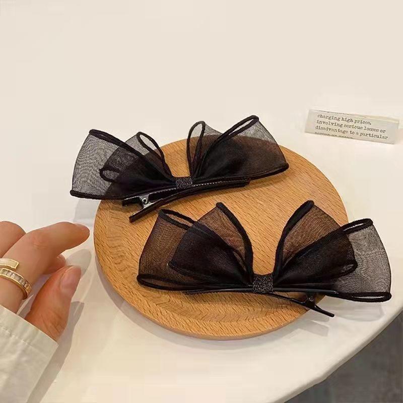 2PCS Three Dimensional Mesh Bow Hairpin, Sweet Super Fairy Black Side Clip Headdress Duck Beak Clip