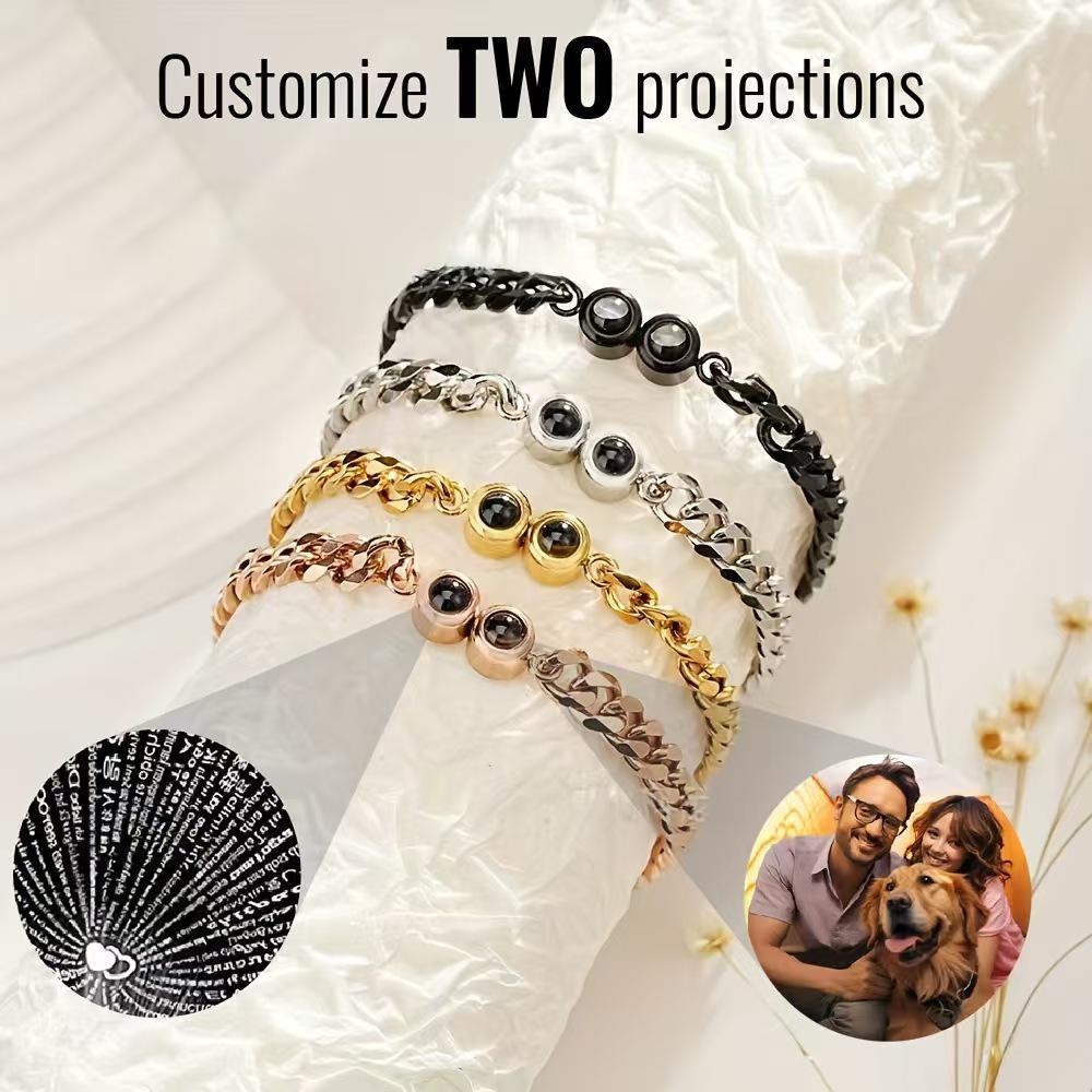 Custom 100 Languages 'I Love You' Projection Bracelet - Stainless Steel Cuban Chain Bangle for Men & Women