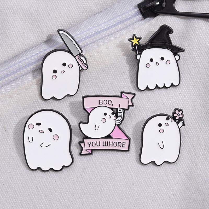 Adorable Cartoon Ghost Shaped Metal Brooch Cute Halloween Series Pin For All
