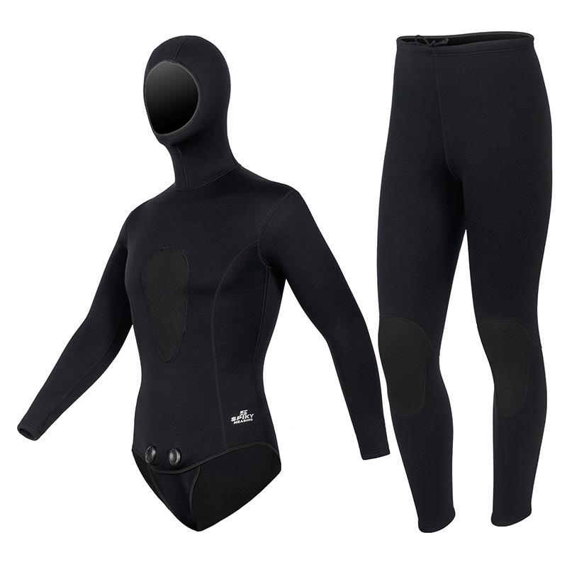 3mm Two-Piece Wetsuit with Hood for Warmth In Hunting, Snorkeling, Freediving, Surfing, and Ice Sports.