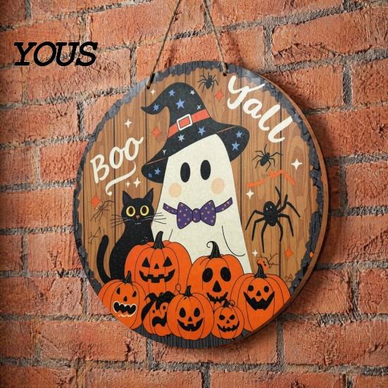 Seasonal Window Display Sign Halloween Boo Wood Door Hanger with Cute Ghost Black Hat Pumpkin Print, Front Creative Holiday Party Decor Porch